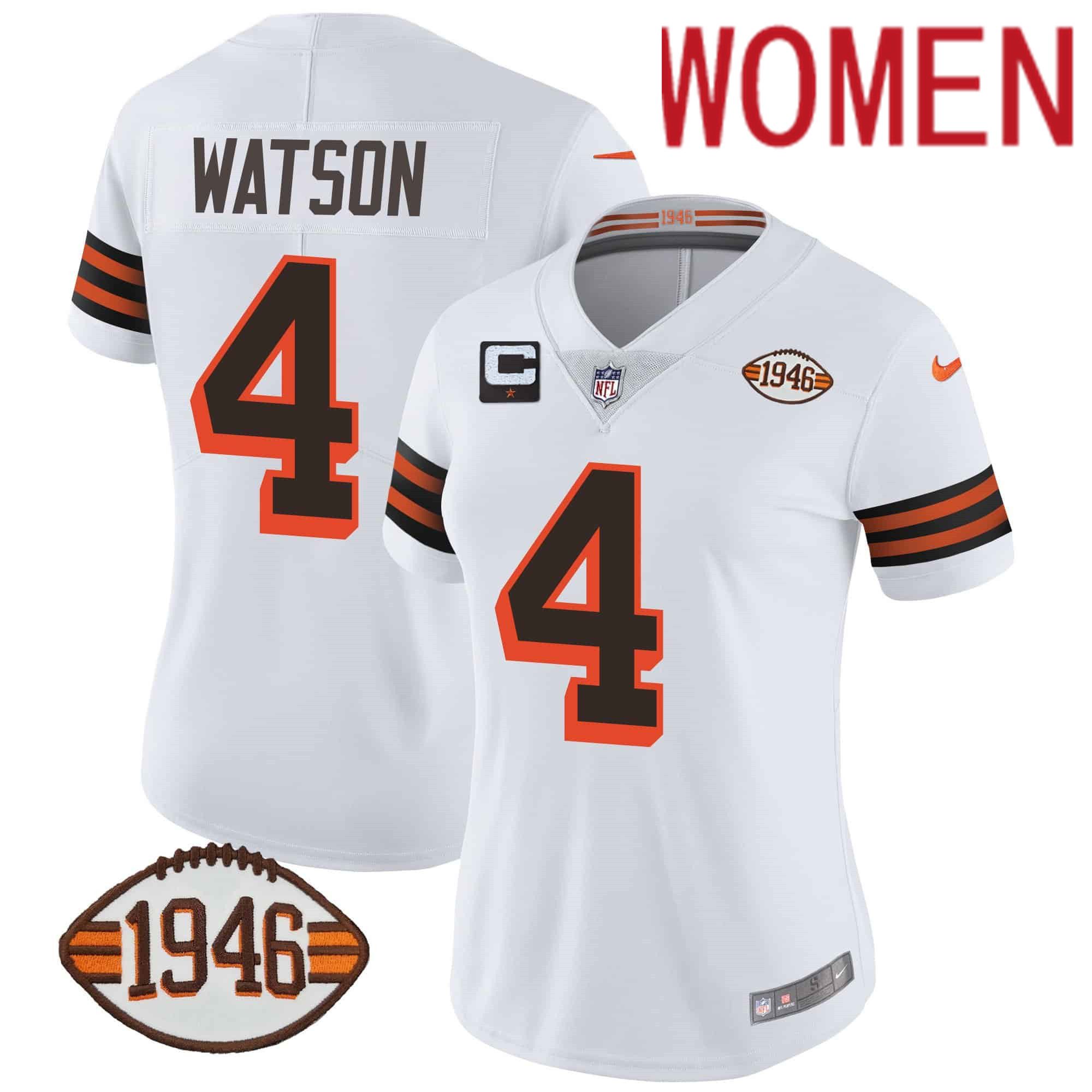 Women Cleveland Browns #4 Watson White 1946 75th Anniversary Patch 2024 Nike NFL Jersey->women nfl jersey->Women Jersey